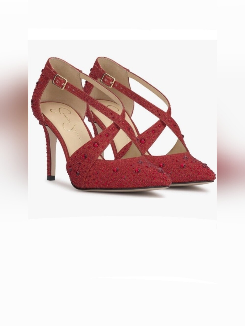 Jessica Simpson Accile3 Red Muse studded bling strappy pointy toe heels size 10‎
